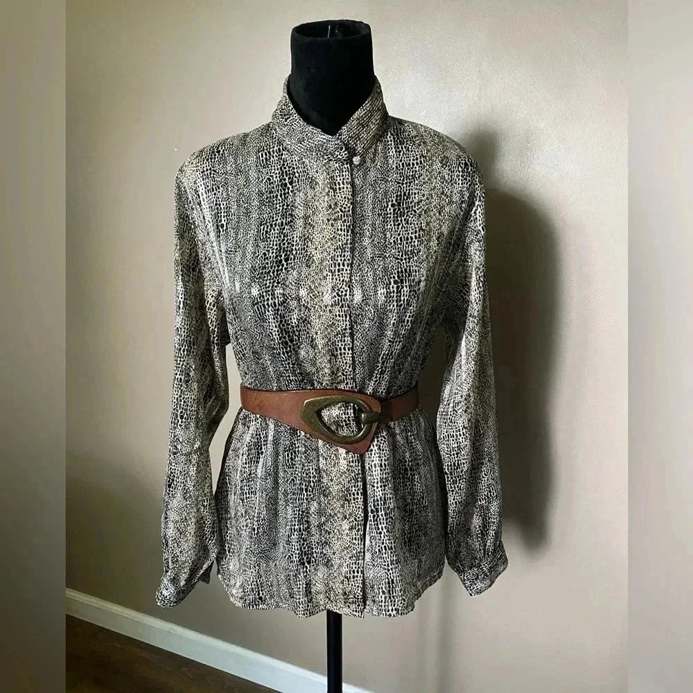 VINTAGE 70s silky animal print blouse size 14 EUC sz L YVES St. CLAIR office